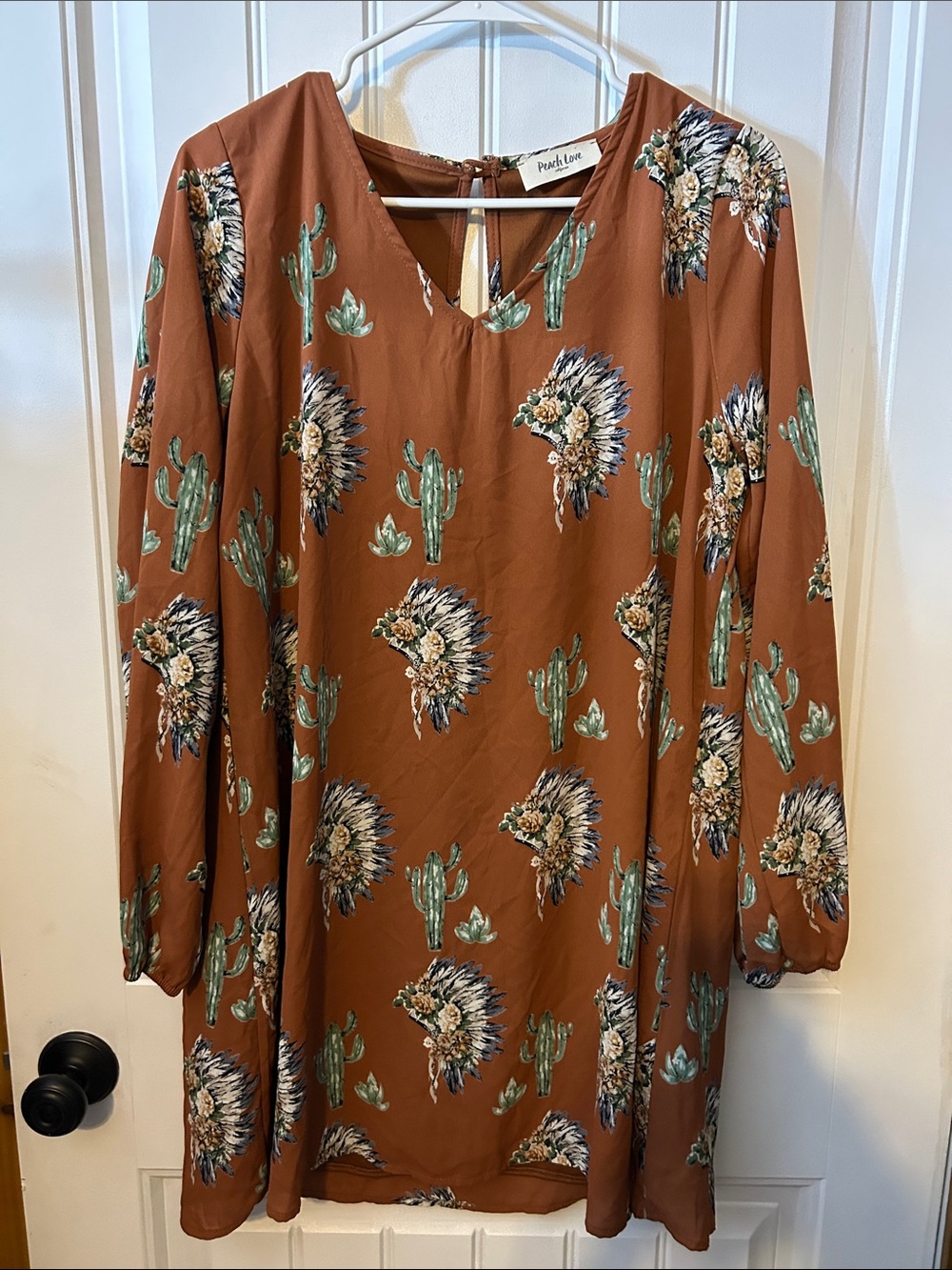 Peach Love California Rust Brown Cactus & Feather Headdress Long Sleeve Dress